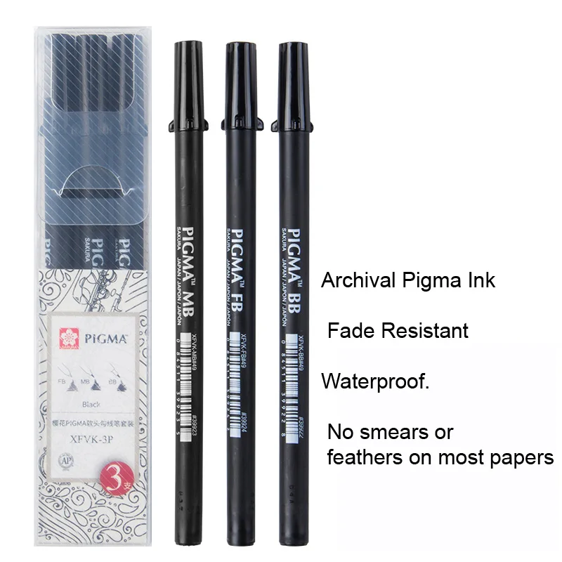 Sakura 3PC Black Set Сакура Pigma профессиональная кисть Набор тонкой средней и смелый арт маркер 3-PC черный набор чернил Водонепроницаемые гибкие перья архивных чернила - Цвет: Sakura 3PC Black Set