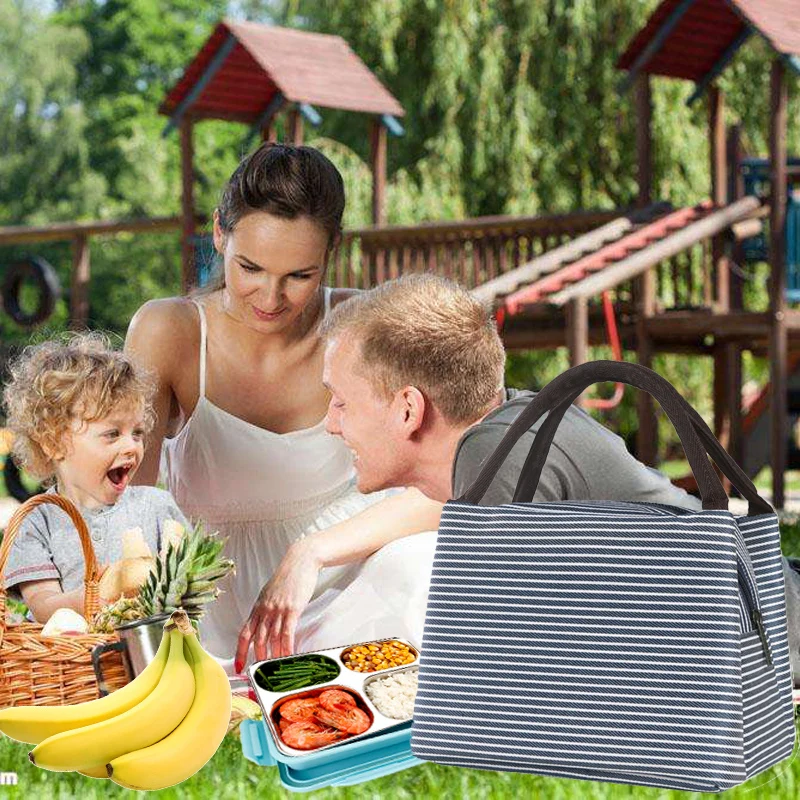 WALFOS Portable Lunch Bag Canvas Stripe Insulated Cooler Bags Thermal Food Picnic Lunch Bags Kids Lunch Box Bag Tote