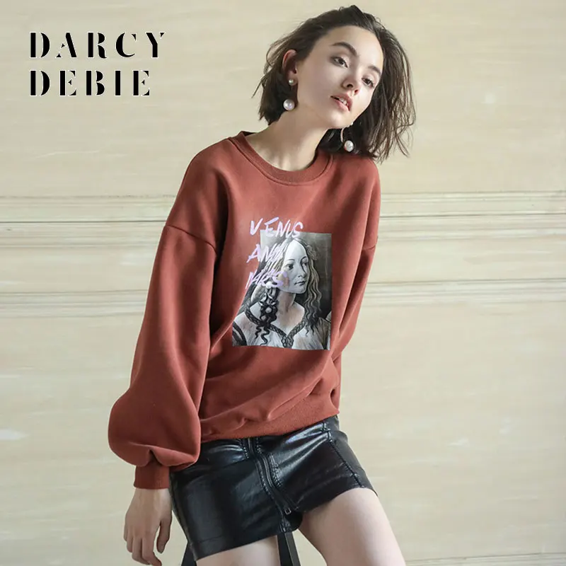 Darcydebie Autumn Women Fashion Vintage Letter Print Loose O neck Pullover motion Cashmere Sweatshirts | Женская одежда