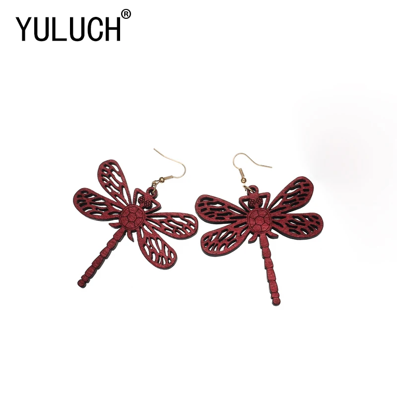 

YULUCH Vintage Design Shinny 4 Colors wood Dragonfly earrings for Women Jewelry simple party girl lady Accessories Gift