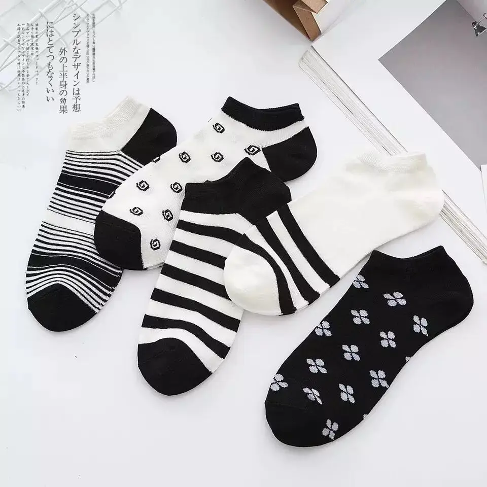 and White Simplicity 5 пар в комплекте; эластичные дышащие носки с цветным узором; удобные полиэстерные носки унисекс в полоску; тапочки; короткий носок хлопчатобумажный - Цвет: and White Simplicity