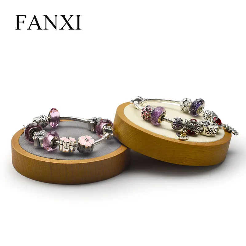 

FANXI Cream-white&Dark gray Solid wood Jewelry display stand Round Shape with Microfiber for Bangle Exhibition Ring Display Prop