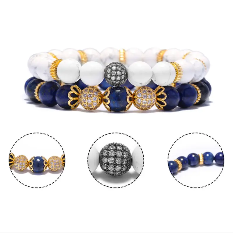 2 шт./набор браслет из натурального камня для мужчин микро проложить CZ 8 мм диско