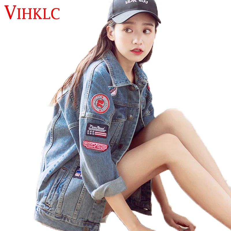 Осень Свободные значки женский Куртки Для женщин Patch Denim Jacket для Обувь девочек