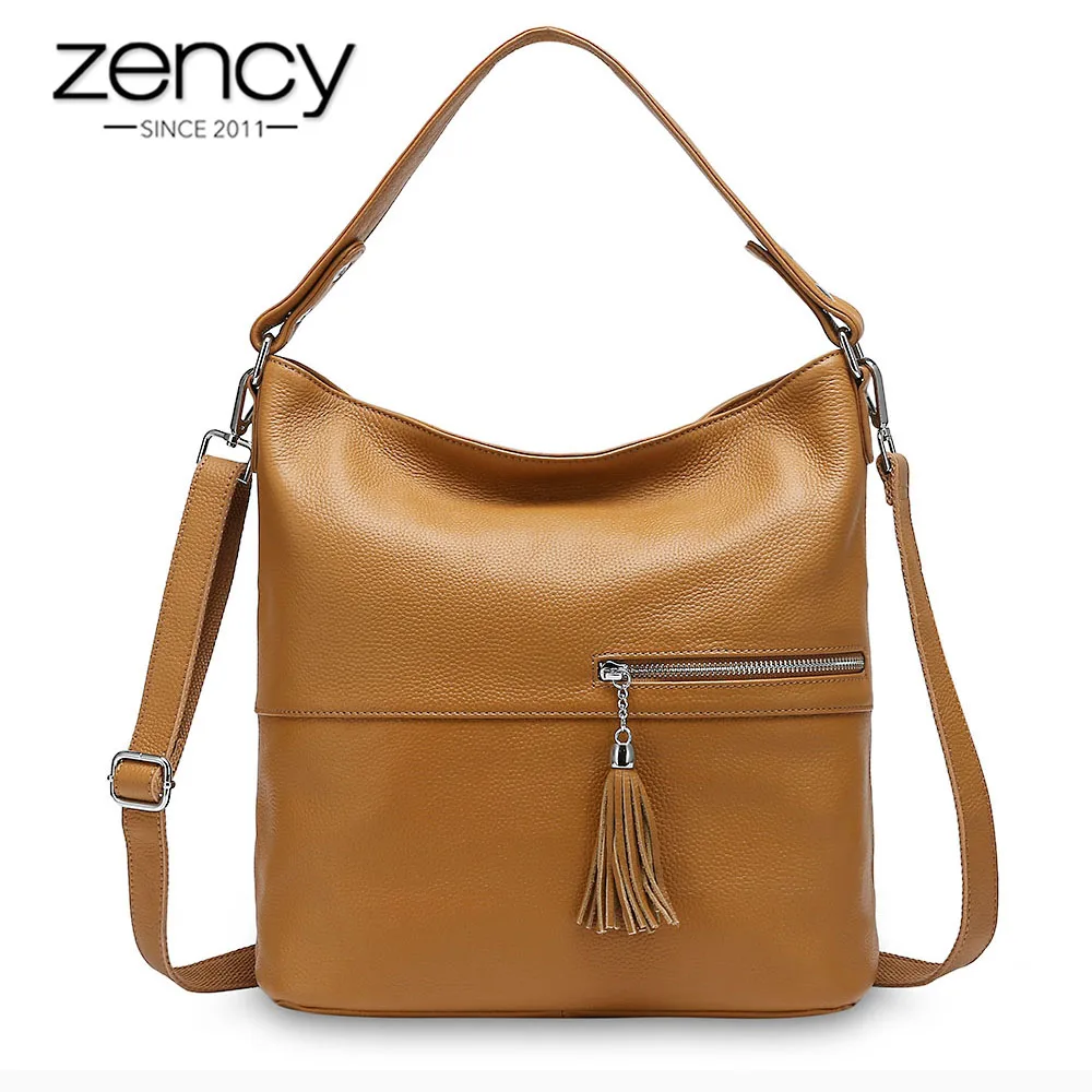 Zency Beauty Design Women Shoulder Bag With Tassel Genuine Leather Handbag Apricot Fashion Lady Crossbody Purse Black Grey