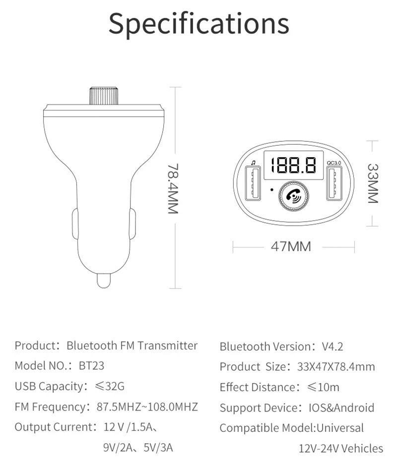 JONSNOW MP3 плеер автомобильное USB быстрое зарядное устройство QC3.0 Bluetooth FM модулятор передатчик Радио адаптер Handsfree FM передатчики