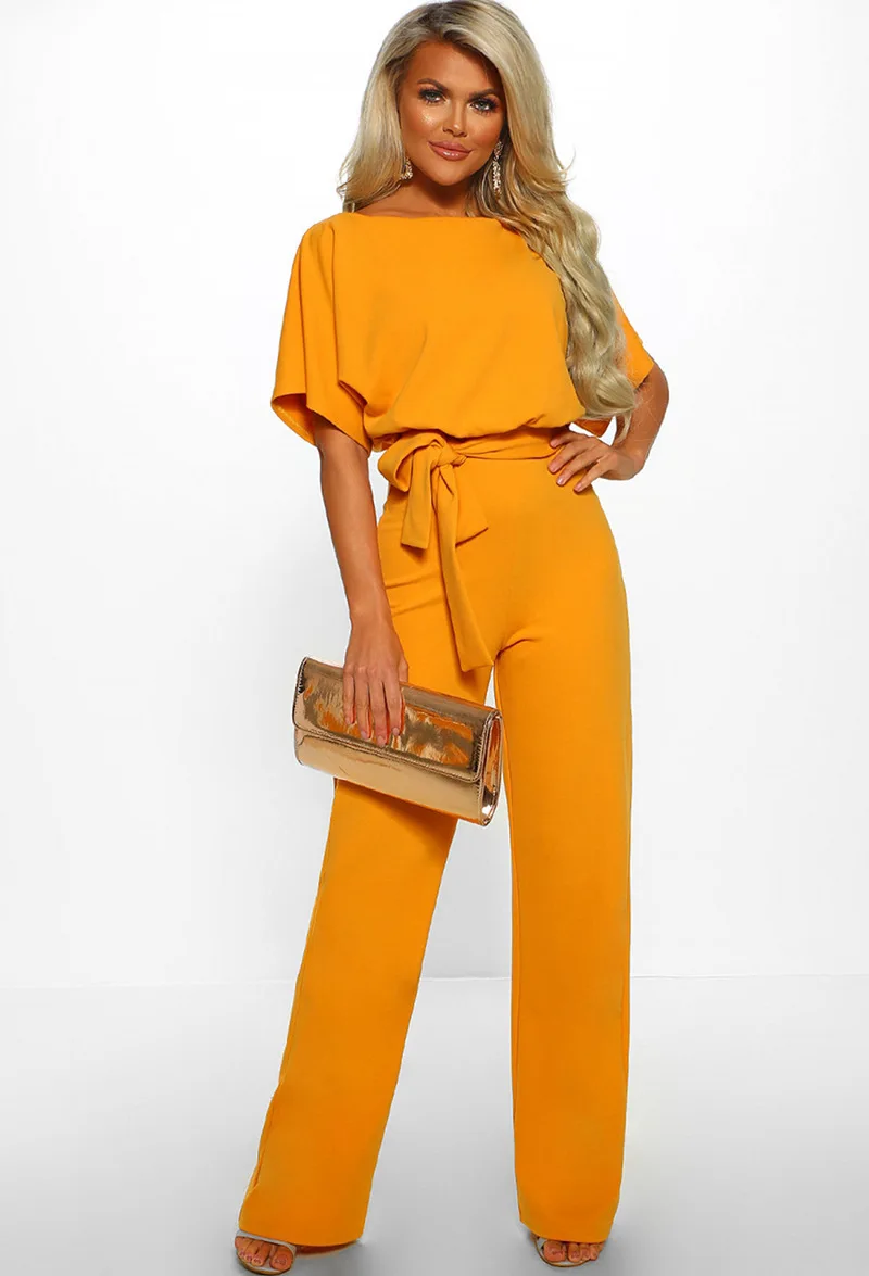 

Ladies Solid Colour O Neck Fashion jumpsuit High Waist sashes Short Sleeve Long bell trousers Playsuit Women's Bodysuit Rompers