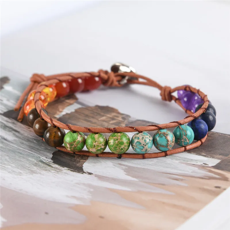 2PCS Chakra Bracelet Multicolor Bracelet Boho Natural Stone Wrap Bracelet Single Leather Power Jewelry Dropshipping