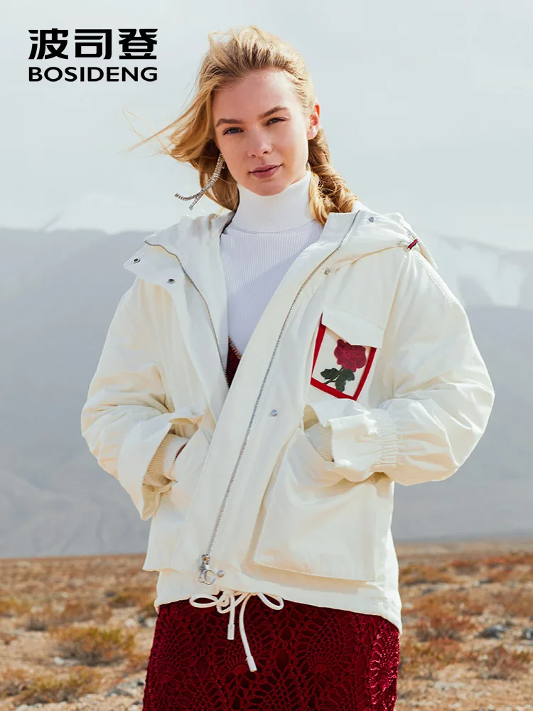 Женский пуховик BOSIDENG ROSE collection белый с капюшоном и манжетами модель B80141122 зима 2019 |