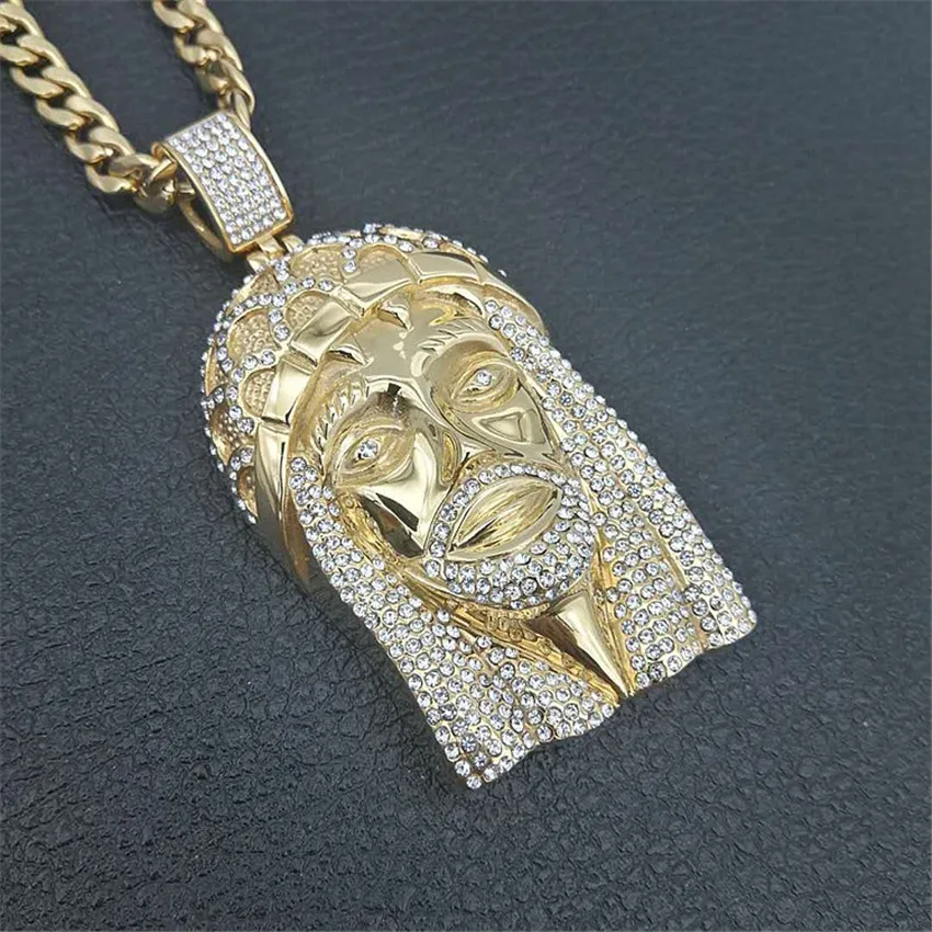 Хип-хоп Золото Цвет Нержавеющая сталь Iced Out Bling Полный Стразы Большой Иисус кусок головы подвески ожерелья для мужчин ювелирные изделия