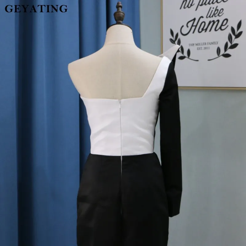Vestido de festa, Черное и белое вечернее платье на одно плечо, с длинным рукавом, с разрезом по бокам, арабское выпускное платье, Длинные вечерние платья