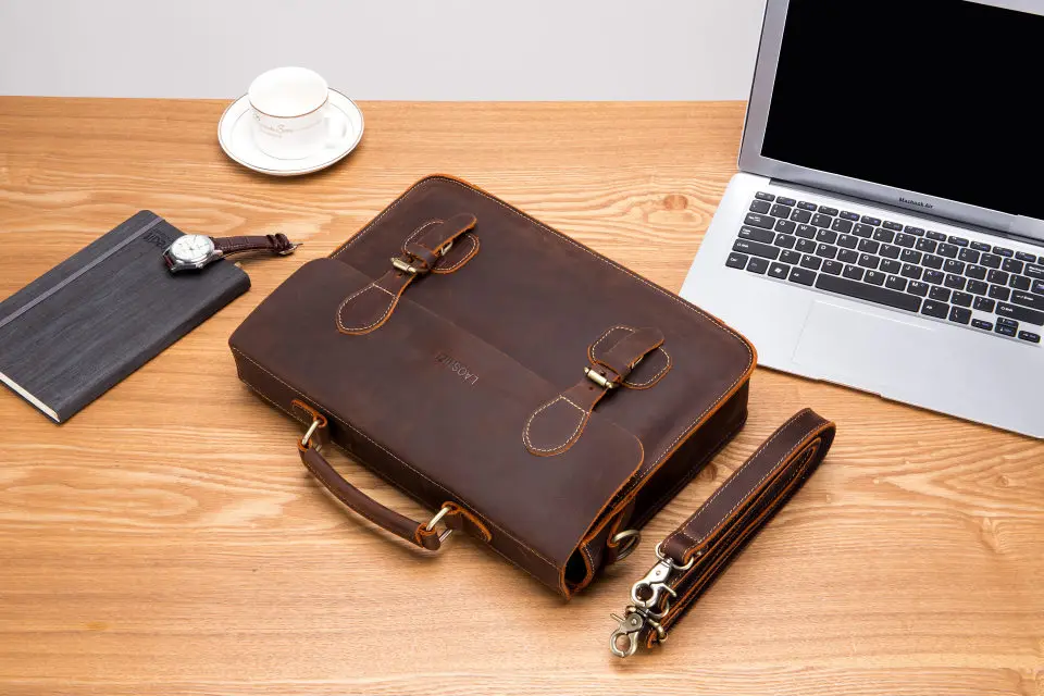 LAOSHIZI LUOSEN Men's Vintage Crazy Horse Leather Briefcase Messenger Shoulder Portfolio Laptop Bag Case Office Handbag