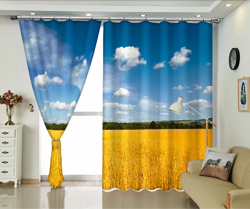 Золотой пшеничное поле под голубым небом и белыми облаками 3d цифровая печать