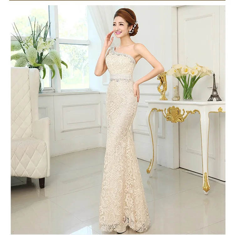 

In Stock Lace Long Bridesmaid Dresses Mermaid Women Formal Party Dresses One Shoulder Dresses with Beadess