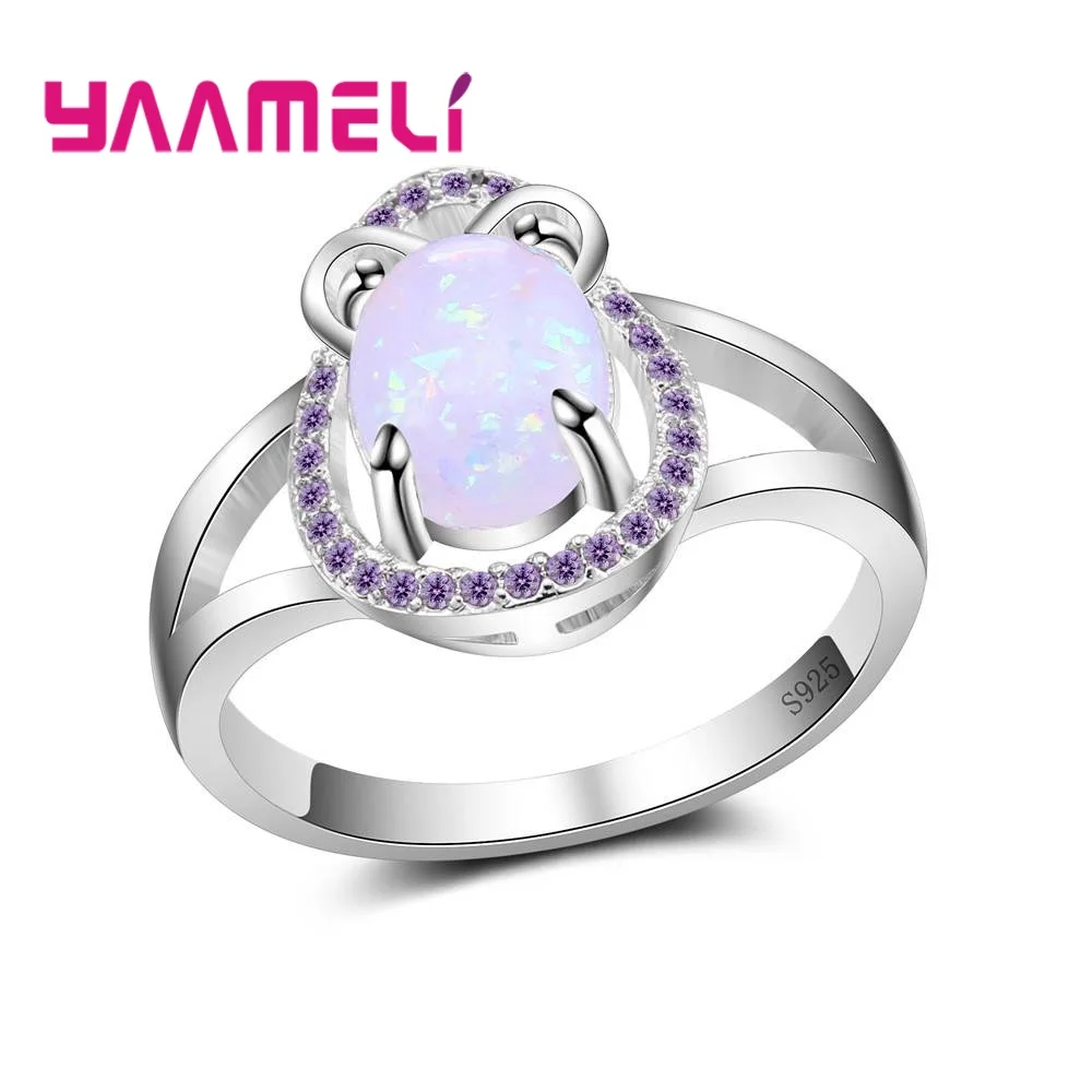 

Women Girlfriend Festival Present Many Purple Flowers+Oval Opal Good 925 Sterling Silver Finger Rings Jewelry Anel