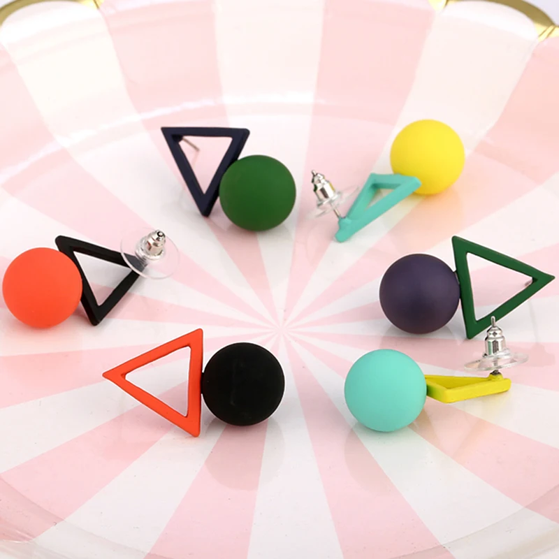 

Fashion Charm Round Geometry Earring Hollow Triangle Asymmetric Frosted Matte Candy Color Stud Earring For Women Jewelry2019