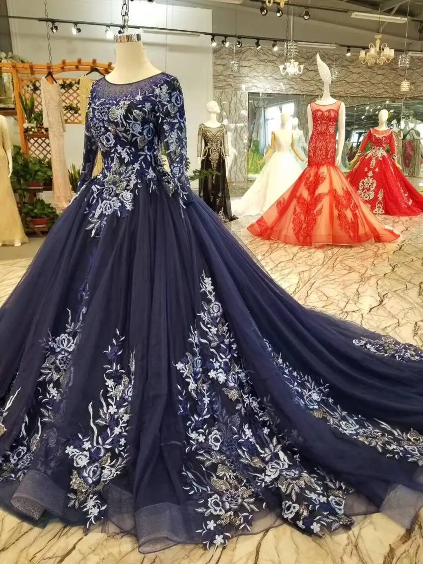 modabelle Navy Blue Evening Dress Saudi Arabia Organza Lace Muslim Long Sleeve Evening Dress Vestidos Largos Elegantes