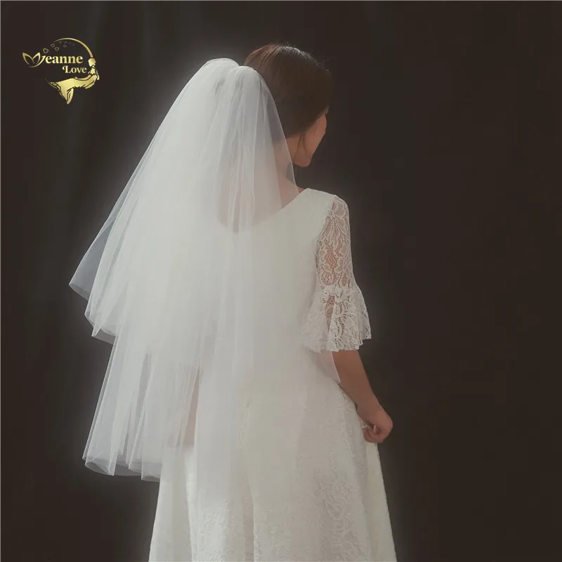 

Tulle Gather Short Veils For Bride White Ivory Short Womens Wedding Veils Fingertip Length Two Layer accesorios para boda JVA016