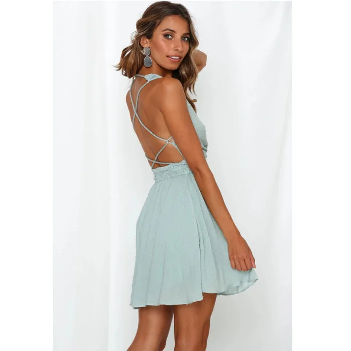 Женское мини платье с высокой талией глубоким v образным вырезом и открытой