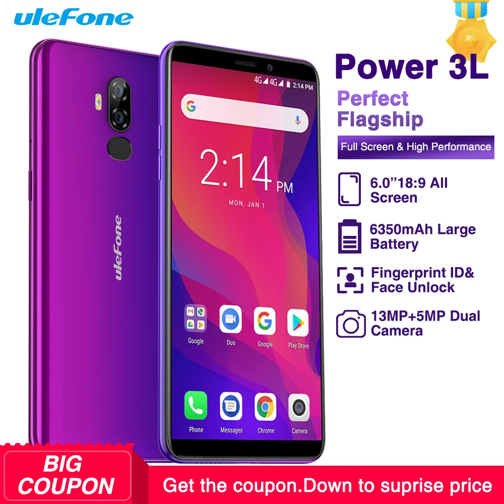 Ulefone power 3L Android 8 1 MTK6739 четырехъядерный мобильный телефон 6 0 &quotHD + 13 МП 5Мп камера 6350