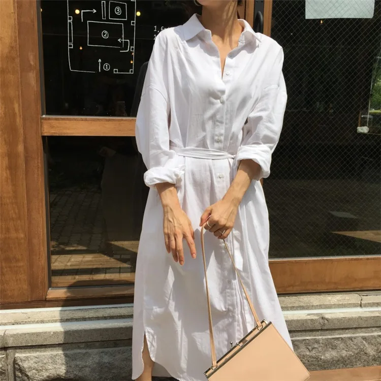 white SuperAen, длинные женские рубашки,, корейский стиль, свободные, повседневные, хлопковые, женские блузки, модные, дикие, одноцветные, Европейская Женская одежда - Цвет: white