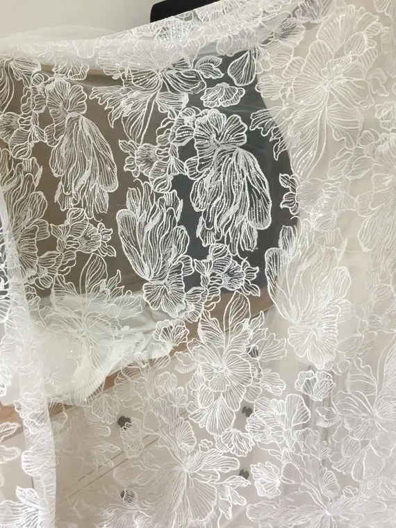 1 ярд тонкий чистая блестки тюль кружева ткань с узором из цветов и листьев для