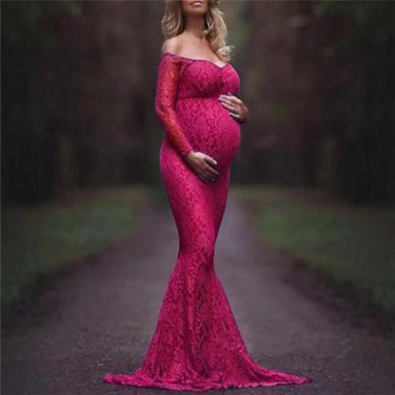 Модное платье для беременных, для фотосессии, макси платье, платье с открытыми плечами, кружевное, необычное, сексуальное, для мам, женщин, халат, для беременных, для фотосессии - Цвет: Розово-красный