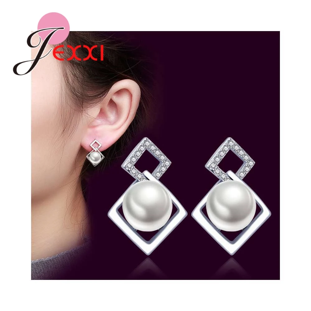 

Top Quality Geometic Jewelry Beautiful Pearl Accessories 925 Sterling Silver Stud Earring Pave Micro Crystal For Girl