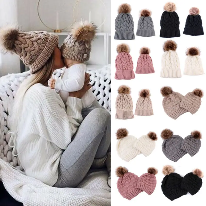 Family Matching Hats Mom&ampBaby Daughter/Son Warm Knit Knitted Crochet Wool Pom Bobble Beanie Ski Cap | Детская одежда и обувь