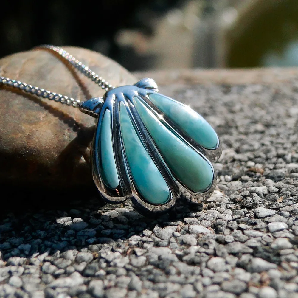 

DJ CH Ocean Life Jewelry Sea Shell Larimar Charm Pendant, Sky Blue Color Natural Gemstone Ornament 925 Sterling Silver Pendants