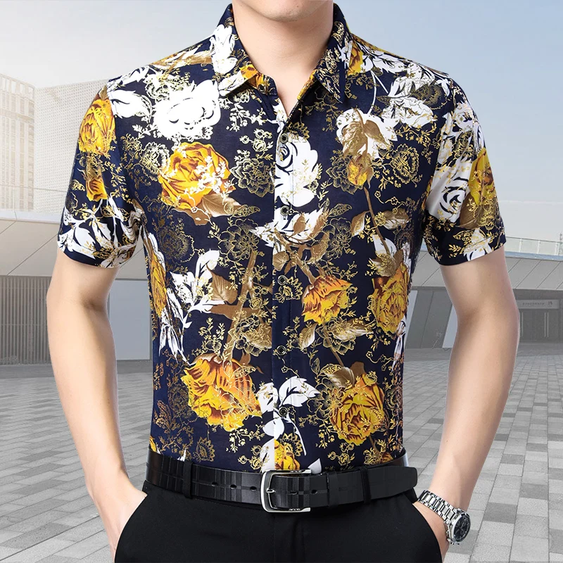 

Hot selling man summer fashion printing shirt male short sleeve floral printing dress shirt