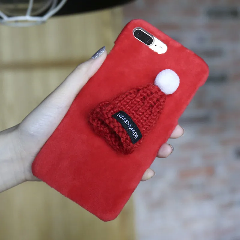 KISSCASE модный Чехол корейский плюш мех Чехол для iPhone 5s 5 se вязаная шапка милые девчушки Новогодний Чехол для iPhone 6 7 8 6s Plus милый чехол на айфон 5s 7 6s 6 - Цвет: Red