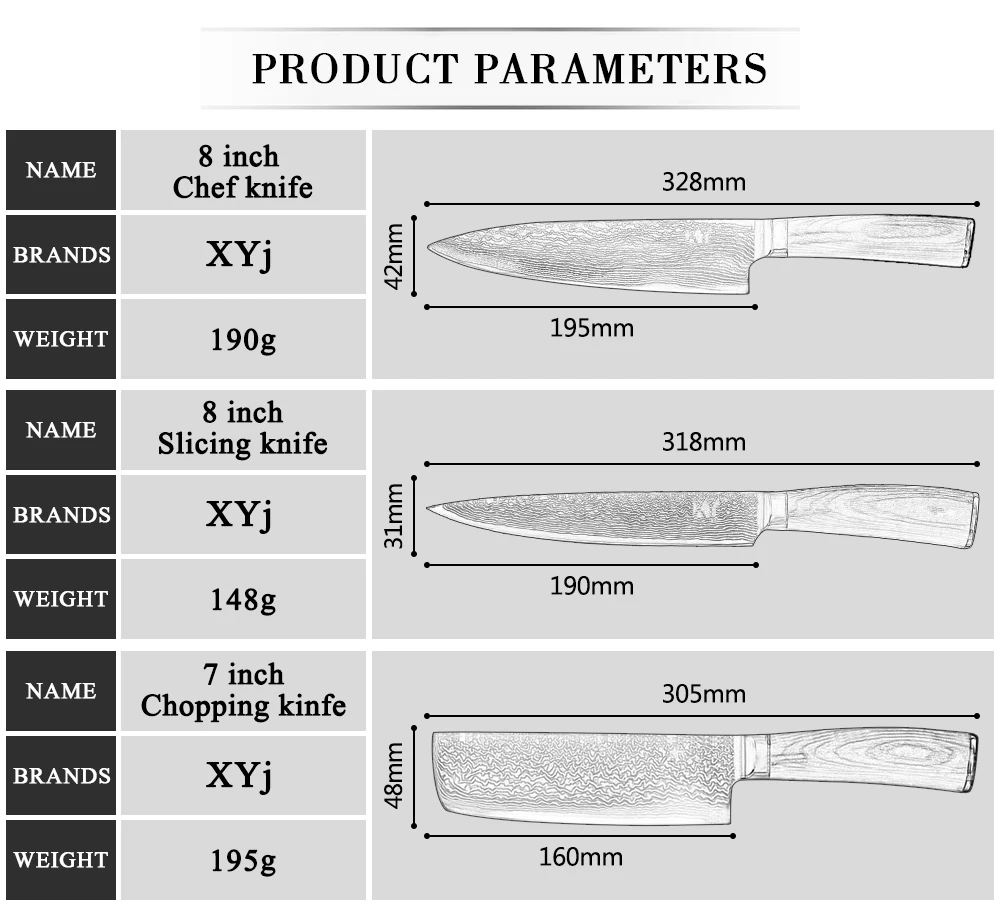 XYj кухонный нож из дамасской стали комплект 3 предметов цветная деревянная ручка