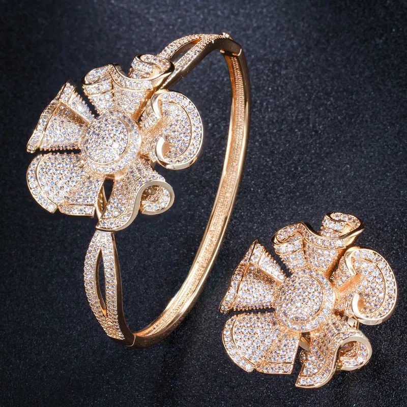 yellow gold color Pera Роскошные желтого золота цвет полный сверкающих фианит большой цветок Форма браслет и кольцо для женщин обручение ювелирных изделий вечерние Z031 - Окраска металла: yellow gold color