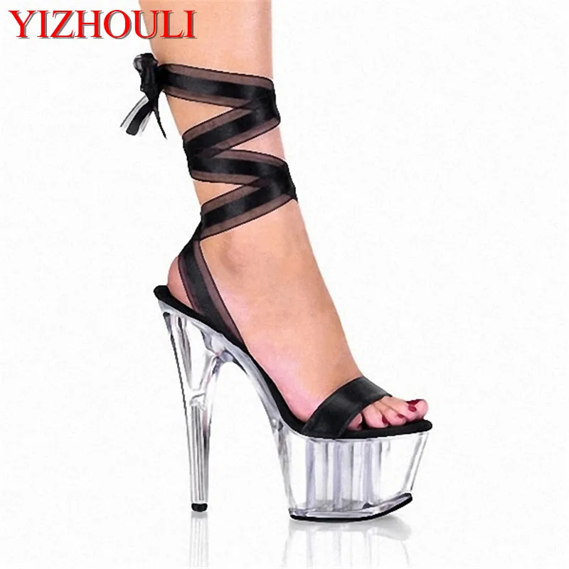 

15CM Ultra High Heels Shoes Crystal Ribbon Platform Sandals 6 Inch Heel Interchangable Ribbon Laces Includes Colour Ribbons