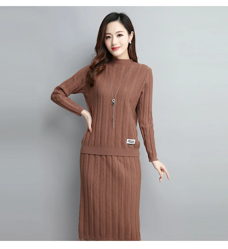 Spring New Knitted Sweater Two Piece Set Top+ Skirt Women Plus size Lace edge Skirt Loose Turtleneck Sweater Pullover Dress 3XL