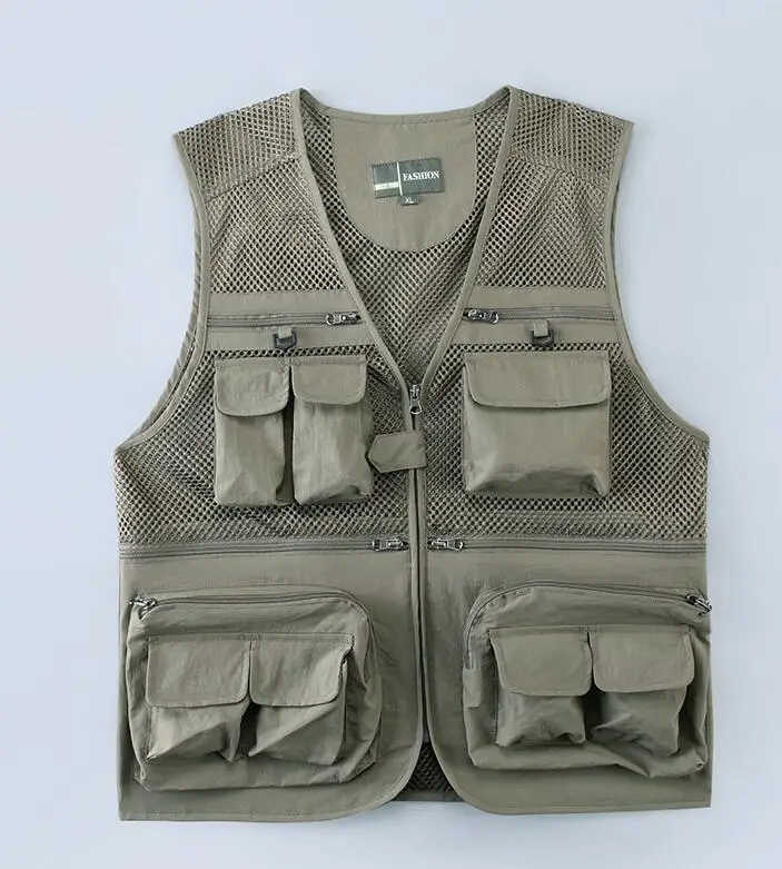 Light Khaki Мужской летний жилет для фотографа, сетчатая Рабочая куртка без рукавов, разгрузочный тактический жилет, пальто, модный инструмент, много карманов, мужской жилет - Цвет: Light Khaki