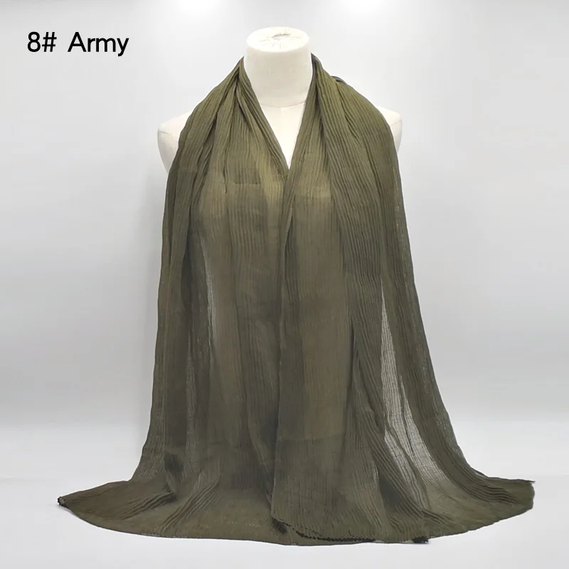 8 army Женский хлопковый шарф, плиссированный, обжим, хиджаб, шаль, большой длинный шарф, мусульманский платок, тюрбан для обертывания, 180x90 см, 20 цветов - Цвет: 8 army