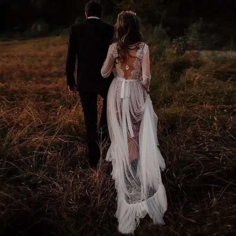 Винтажное богемное кружевное свадебное платье robe de mariee с длинным рукавом Boho Vestido De Noiva с открытой спиной в горошек, кружевные пляжные свадебные платья