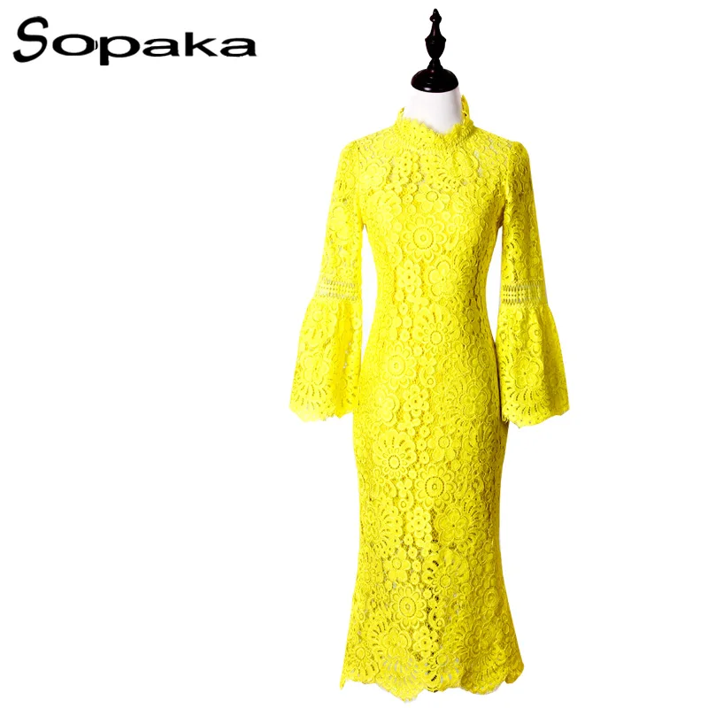 2019 Весна желтое кружевное платье Для женщин высокое качество дизайнерская