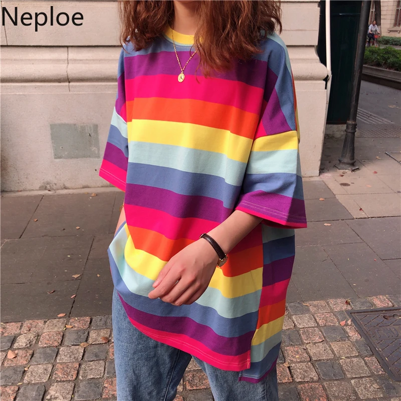 Neploe женские футболки в радужную полоску Лето 2021 Harajuku BF с круглым вырезом и