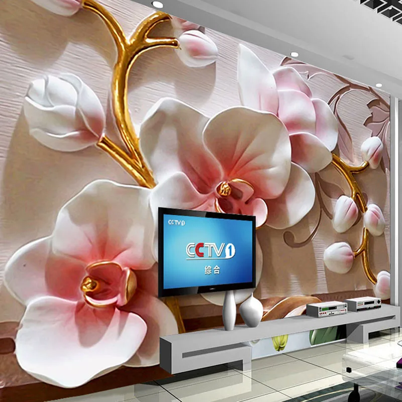 Custom Any Size Mural Wallpaper 3D Embossed Orchid Flowers Photo Wall Papers Living Room TV Sofa Backdrop Wall Home Decor Murals