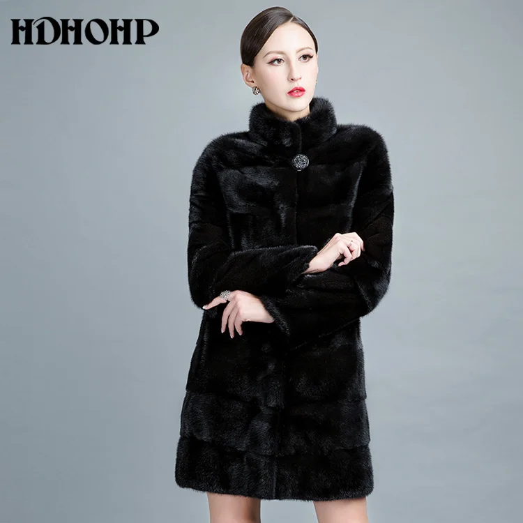 HDHOHR, Высококачественное натуральное Норковое Пальто, женское натуральное импортное Норковое Пальто, зимние теплые модные меховые пальто, толстые норковые меховые куртки - Цвет: Черный