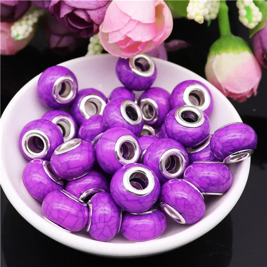 Purple 20 шт 10 цветов полосатый круглый бисер с большими отверстиями для DIY ювелирных изделий браслеты подходят Pandora Подвески Браслет цепочка Ручная работа ожерелье - Цвет: Purple