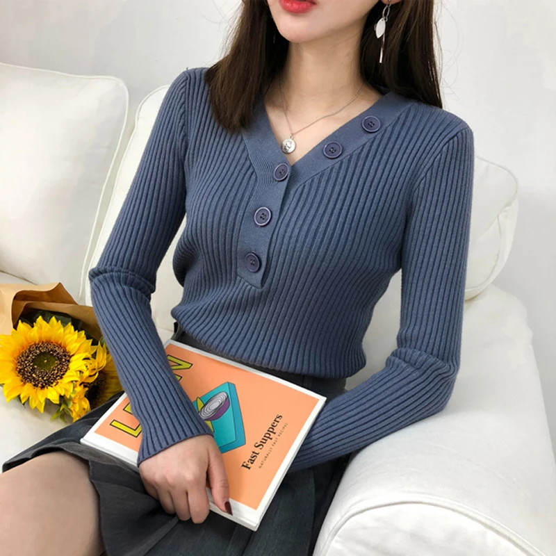 Casual V-neck Knitted Sweater Women Fashion Button Soft Jumper Female Slim Elastic Pullovers 2019 Autumn Knit Tops | Женская одежда