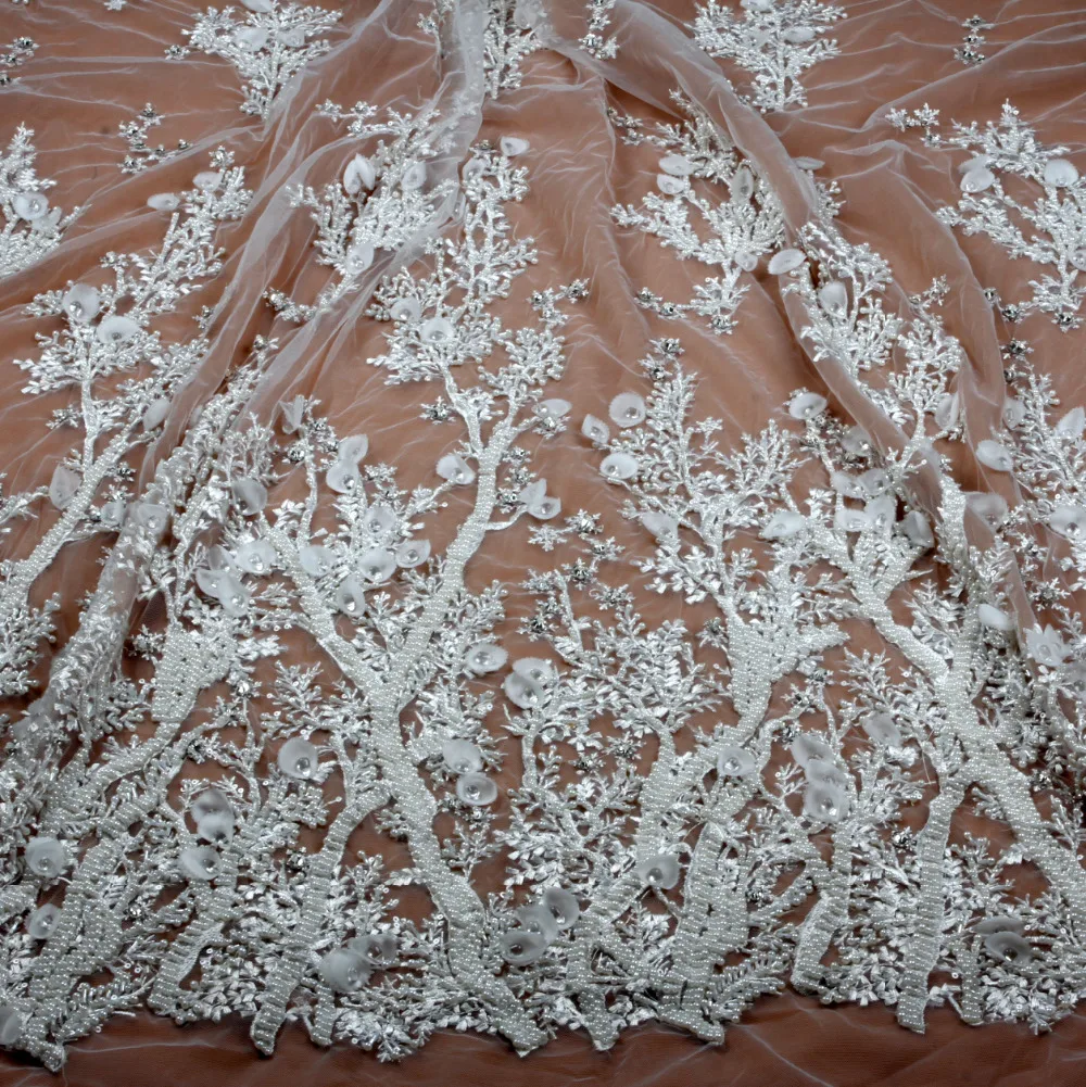 1yard New fashion style pink/black/off white/ivory heavy handmade beads on netting embroidery wedding dress lace fabric