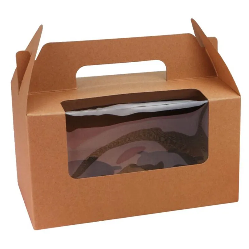 10 шт./лот коробка для торта из крафт бумаги с оконной ручкой коричневая кексов