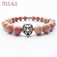 natural 8mm rhodonites beads bracelet jewelry women men stainless steel ball rhodochrosites lion heads beads bracelet jewelry