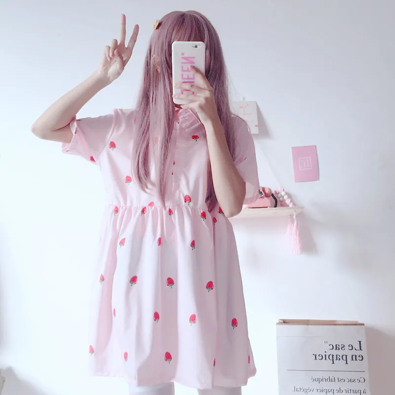 Женские платья японский Harajuku Ulzzang маленькое шифоновое платье с принтом клубники