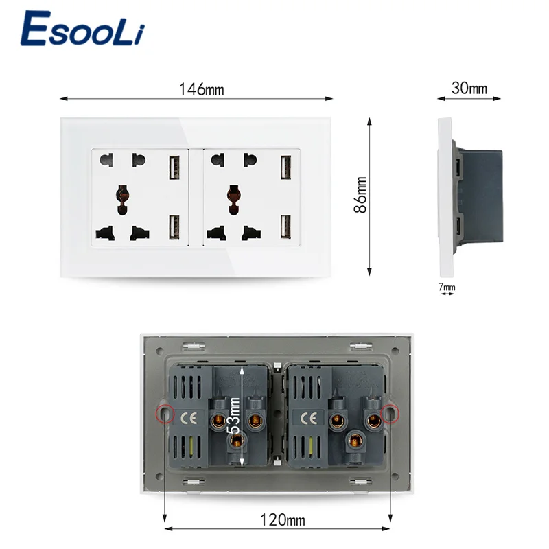 Настенная розетка Esooli двойная Универсальная Розетка с 5 отверстиями 4 USB